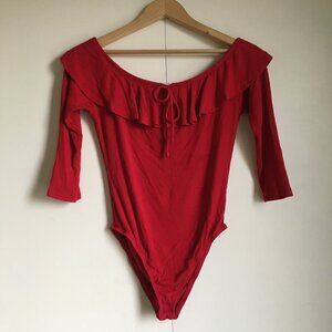 Flamenco Red Ruffle Collar 3/4 Sleeve Bamboo Bodysuit